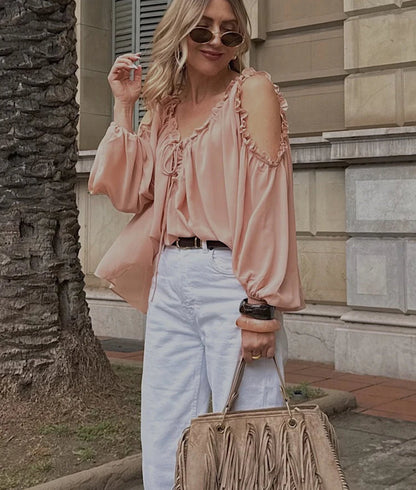 Off-Shoulder Chiffon Laced Long Sleeve Blouse