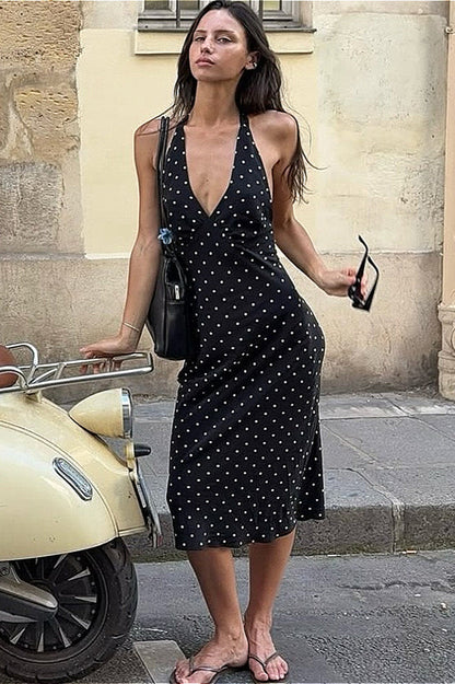 Polka Dot Halter Backless Maxi Dress