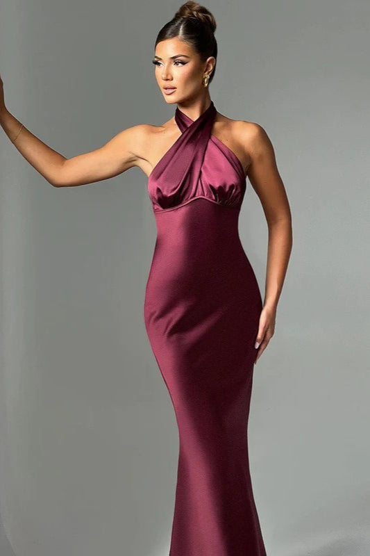 Satin Backless Tie Sleeveless Chic Elegant Formal Dress