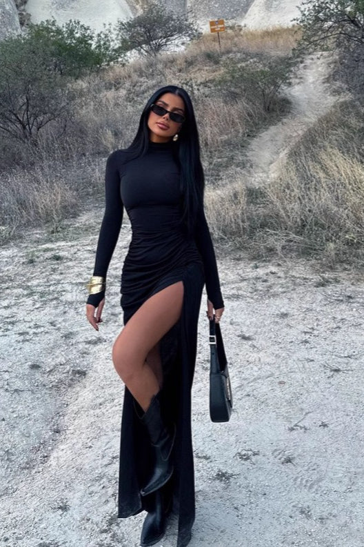 Ruched Mock Neck Long-Sleeve Work Dress