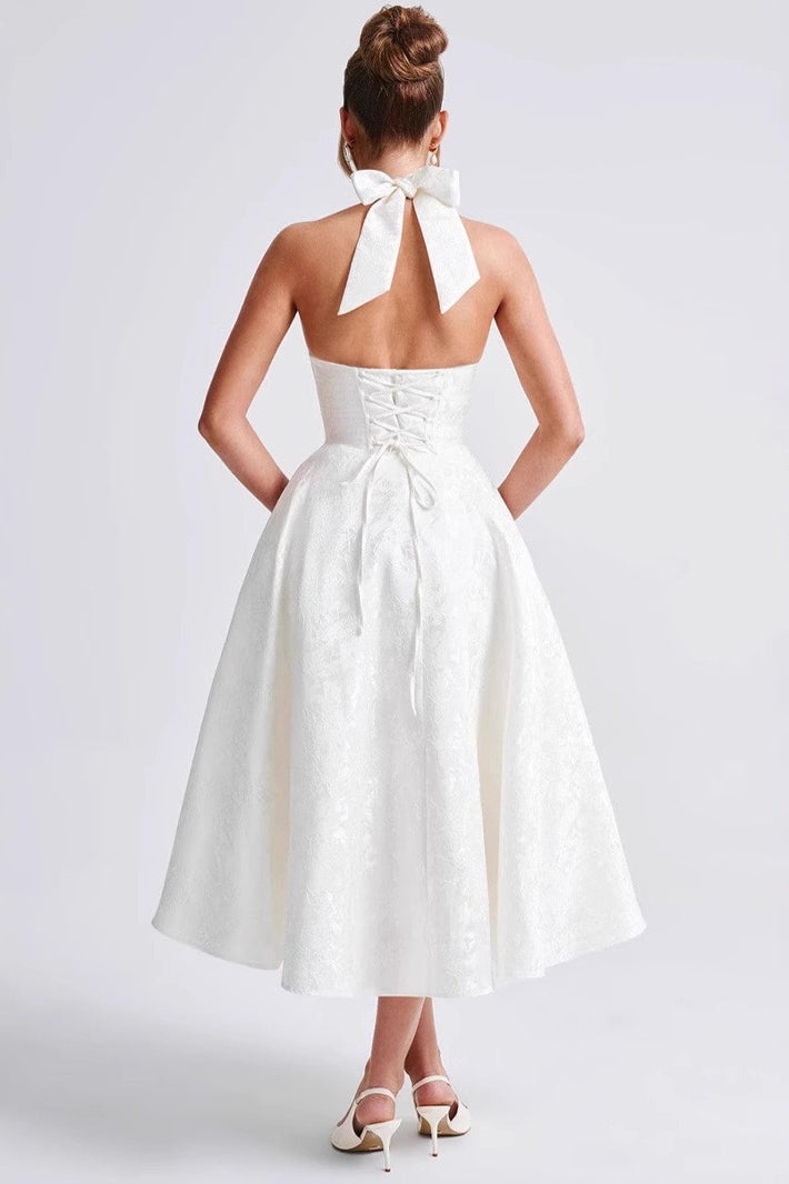 Elegant V Neck Halter Jacquard Sleeveless Backless Formal Dress