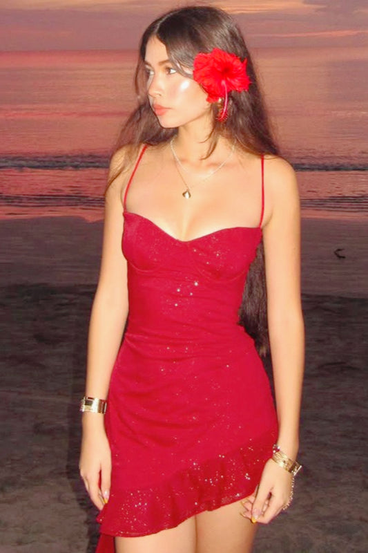 Sequin Ruffle Wrap Slip Dress