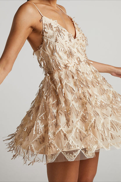 Elegant V Neck Sequin Spaghetti Strap Mini Formal Sequin Dress