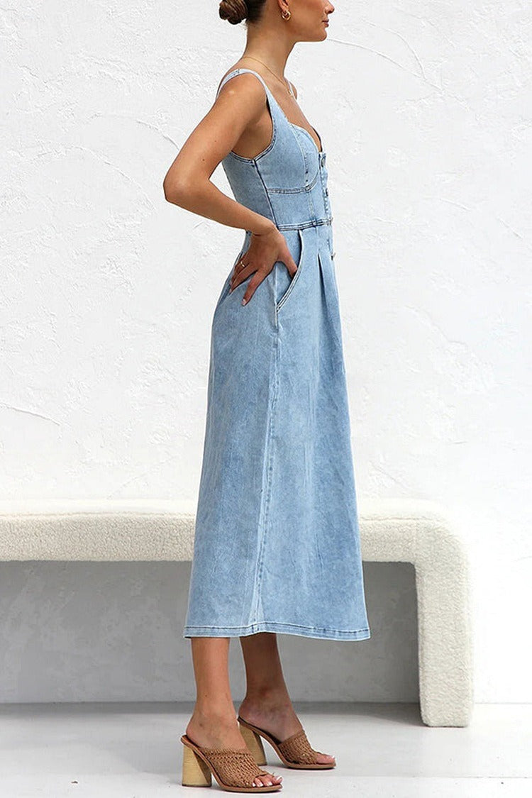 High Waist A-Line Denim Dress