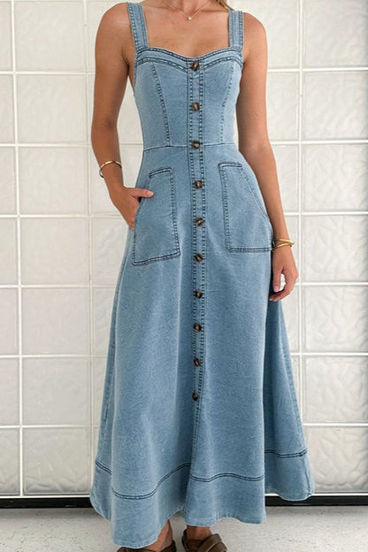 Strappy Backless Maxi Denim Dress