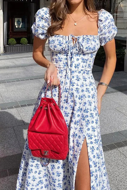 Printed Open Back Slim Split Floral Dress