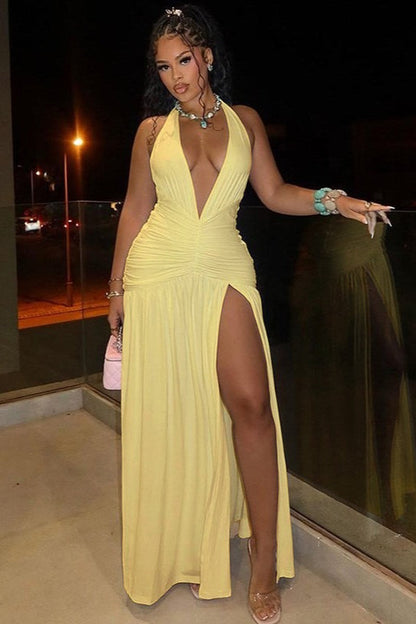 Sexy Halter V-Neck Backless Ruched Slit Cocktail Dress