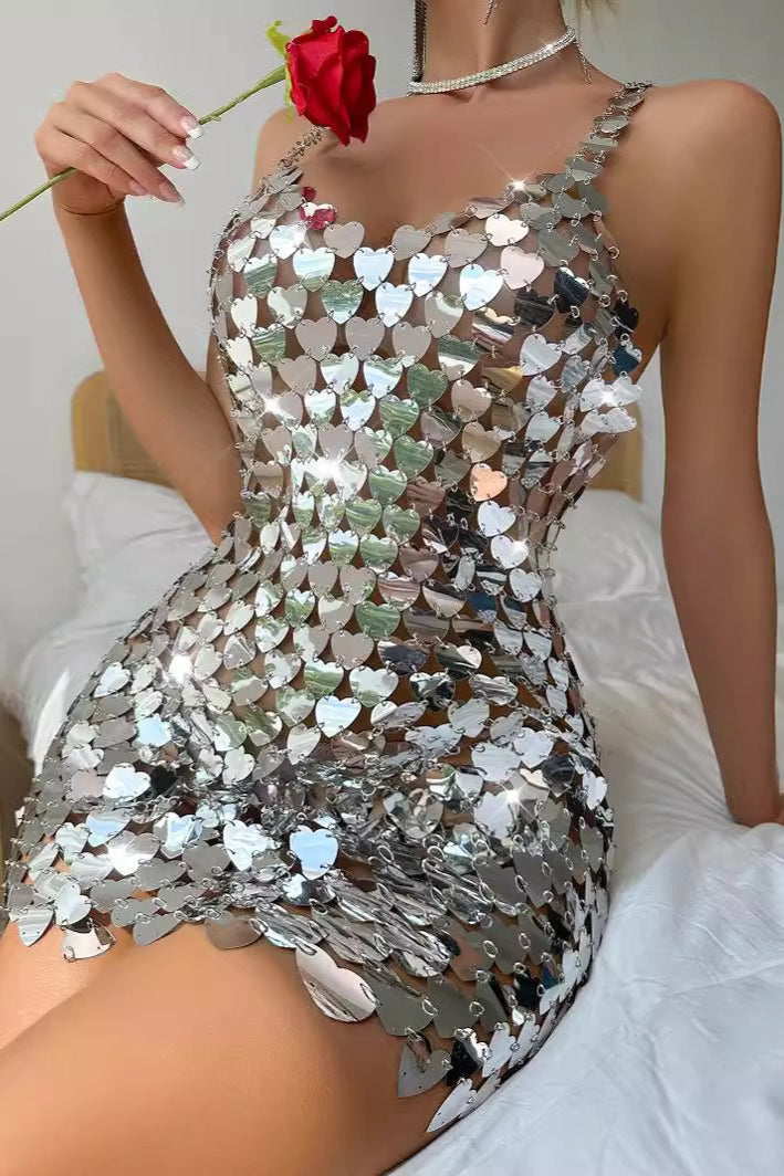 Metallic Sequin Patchwork Heart Bodycon Sequin Dress