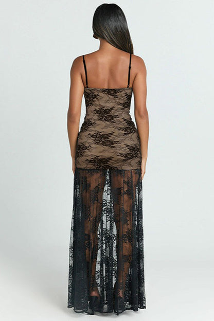 Sheer Ruched Split Cami Maxi Lace Dress
