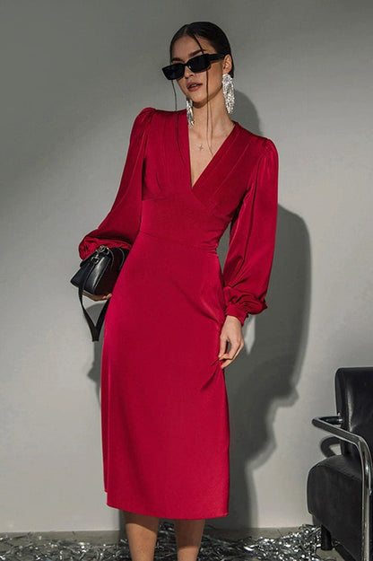 Luxury Satin Puff Sleeve Red Mermaid Midi Formal Dress