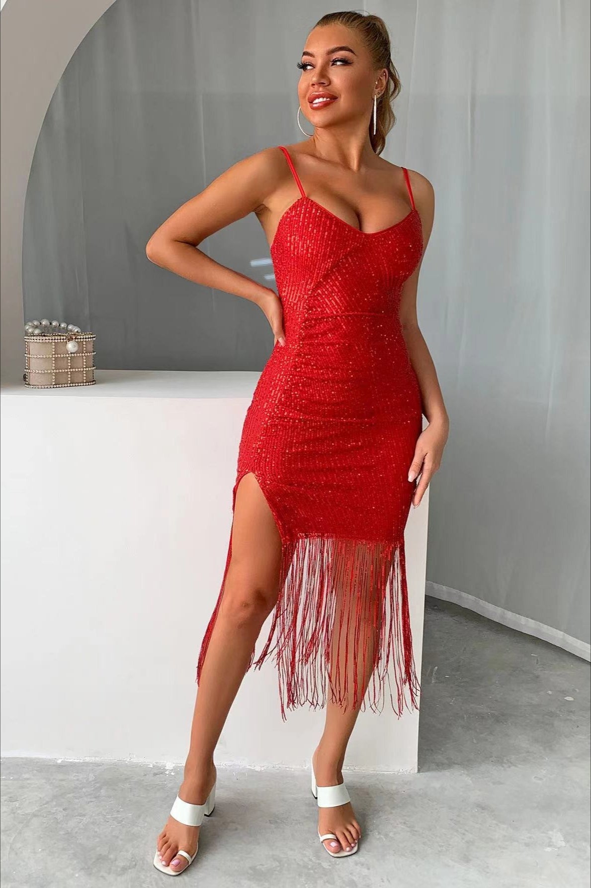 Slim V Neck Tassel Sexy Sequin Dress