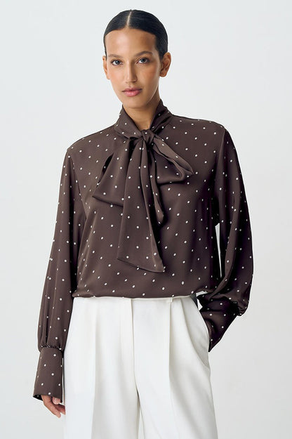 Polka Dot Tie Waist Slim Blouse