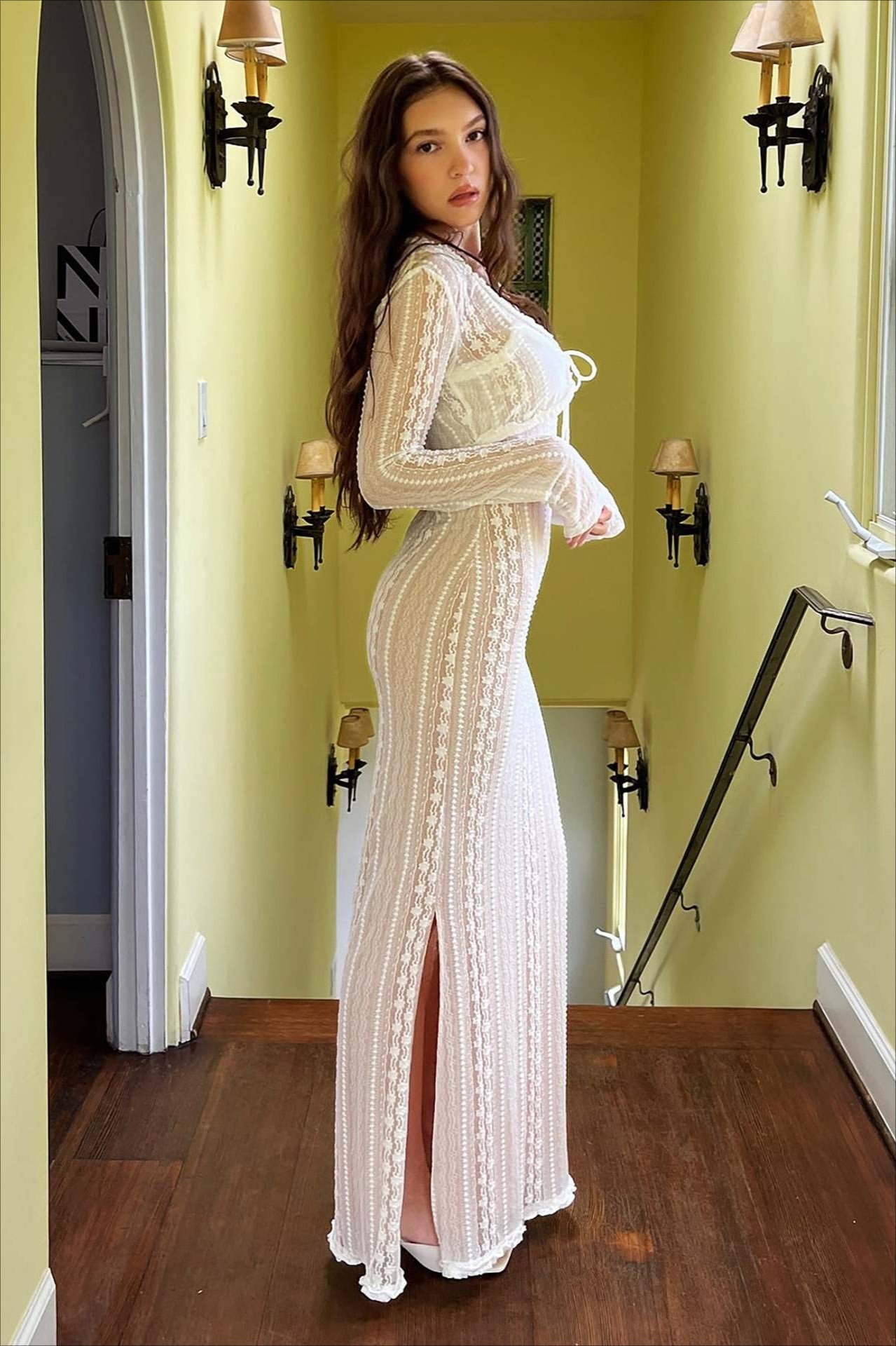 Sexy V Neck Long Sleeve Split Lace Dress