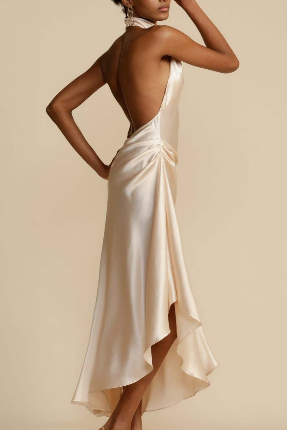 Elegant Solid Long Sleeve V-Neck Satin Lurex Formal Dress