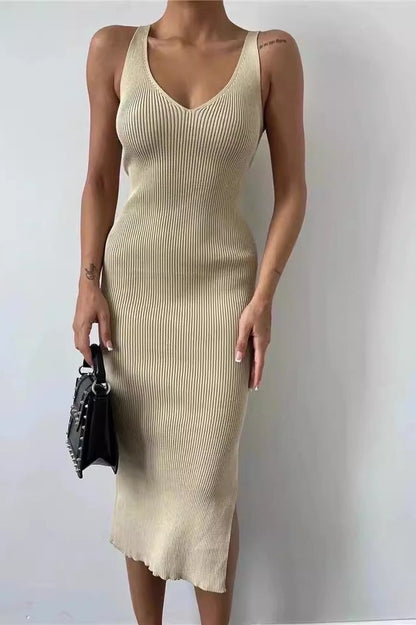 Sleeveless V-Neck Knit Bodycon Midi Split Sweater Dress