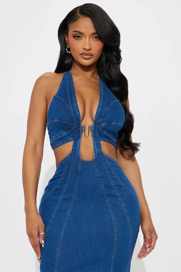 Sexy Halter Wrap Denim Dress