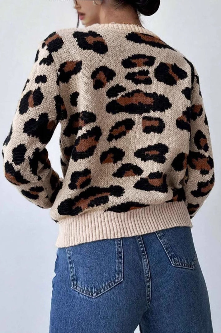 Contrast Leopard Crew Neck Sweater