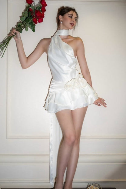 Satin Bardot Low-Back Party Dress