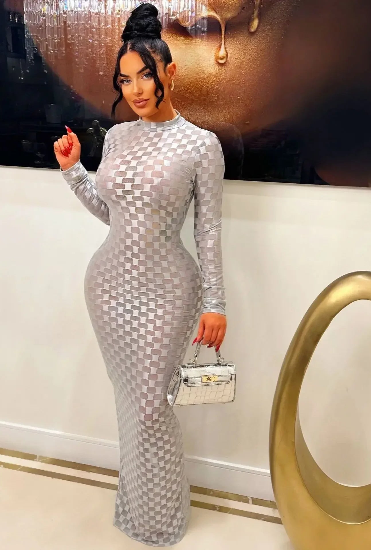 Plaid Mesh Bodycon Maxi Dress