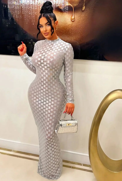 Plaid Mesh Bodycon Maxi Dress