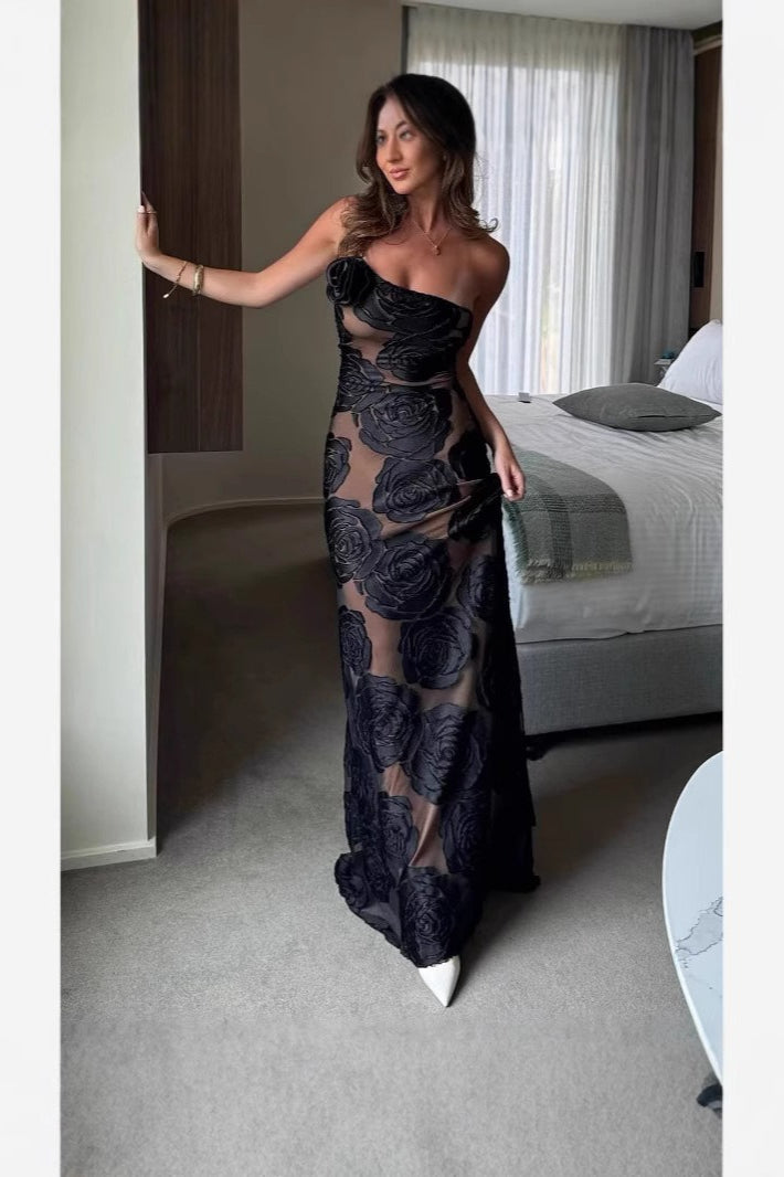 Sexy Burnout Spaghetti Strap Asymmetric Floral Formal Dress