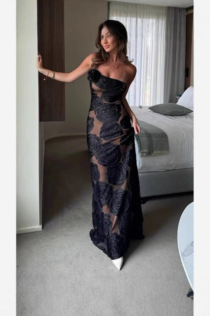 Sexy Burnout Spaghetti Strap Asymmetric Floral Formal Dress