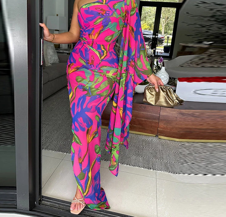 Ruffle One Shoulder Maxi Floral Dress