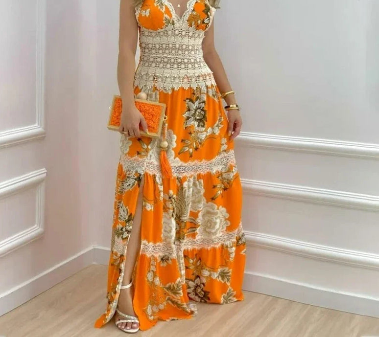 Floral Lace Split Hem Maxi Dress