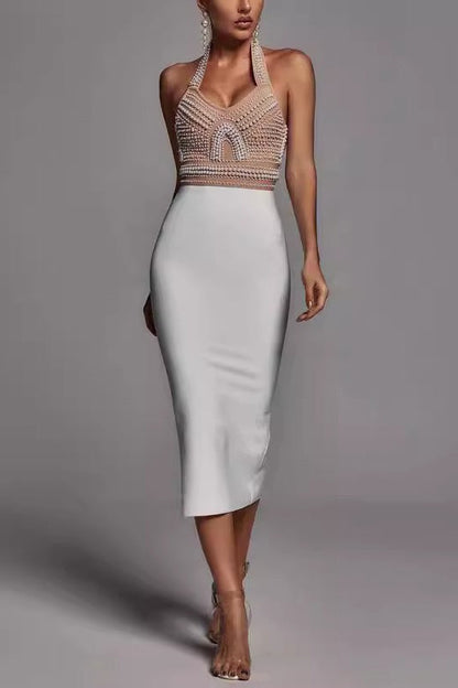 Pearl Beaded Halter Colorblock Bandage Cocktail Dress