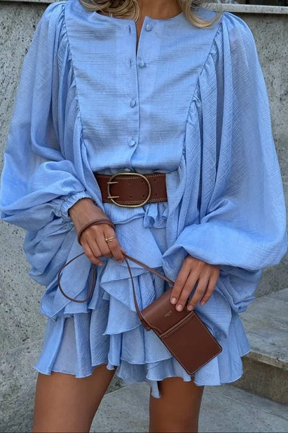 Round Neck Ruffle Edge Mini Dress