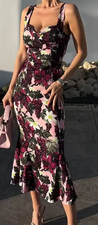 Square Neck Slim Party Floral Dress