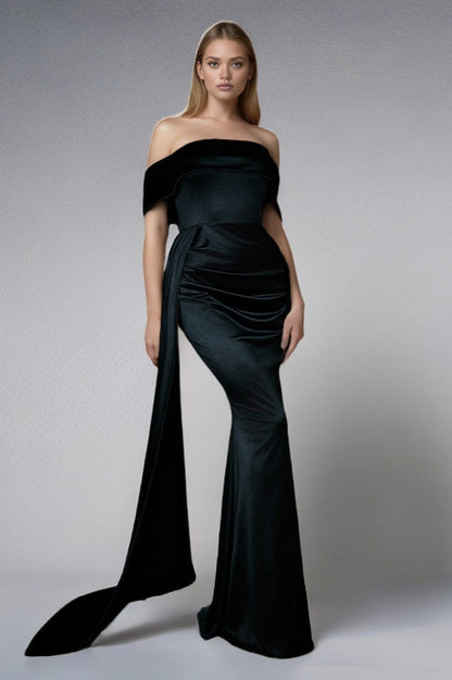 Solid Satin Off-Shoulder High-Waist Mermaid Silk Dress