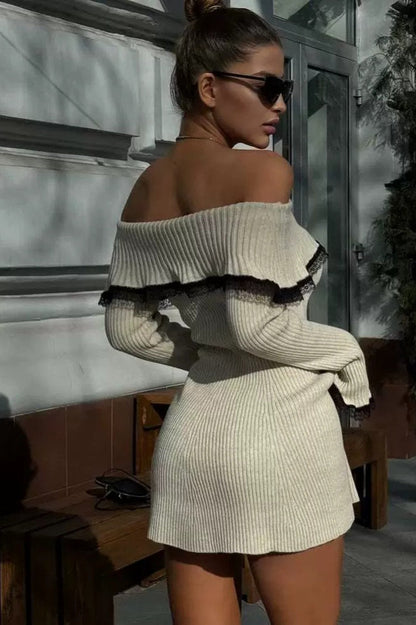 Lace-Trimmed Knit Off-Shoulder Mini Sweater Dress