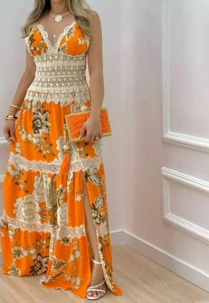 Floral Lace Split Hem Maxi Dress