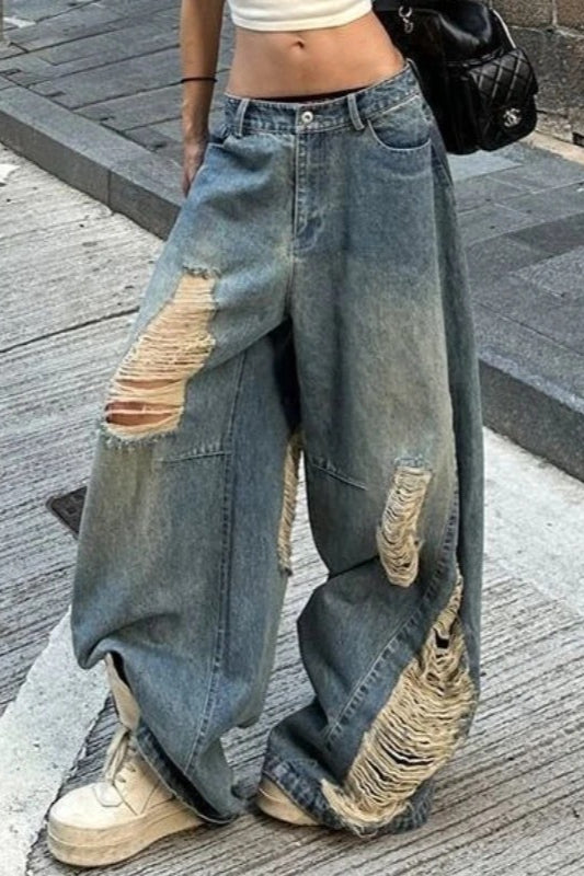 Ripped Wide-Leg Floor Jeans