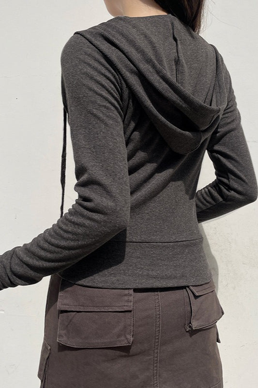 Gray Hooded Zip-Up Cropped Hoodie