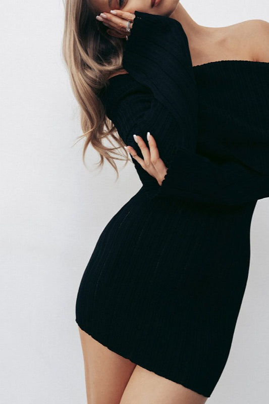 Off-Shoulder Long-Sleeve Bodycon Mini Sweater Dress