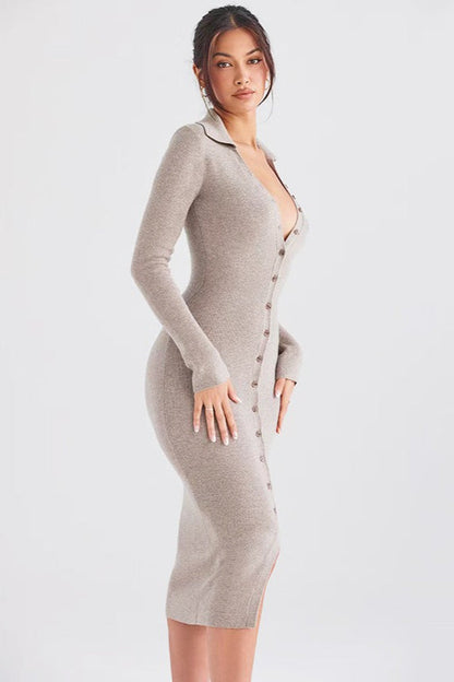 Core-Spun Yarn Knit V-Neck Long-Sleeve Bodycon Midi Sweater Dress