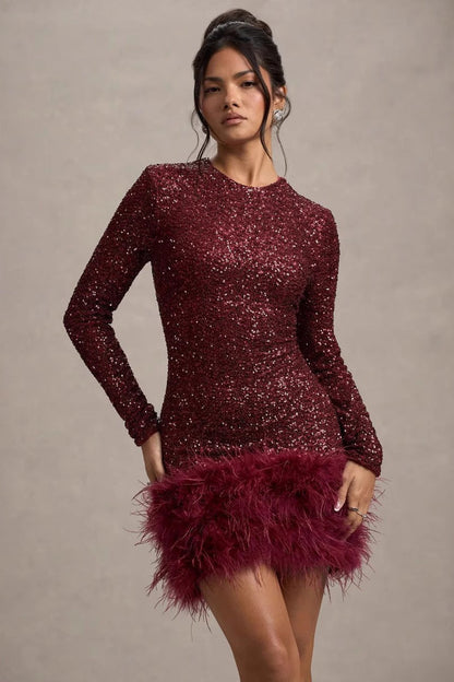 Solid Color Sequin Feather Long Sleeve Round Neck Sexy Sequin Dress