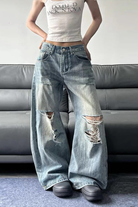 High Waist Ripped Wide-Leg Jeans