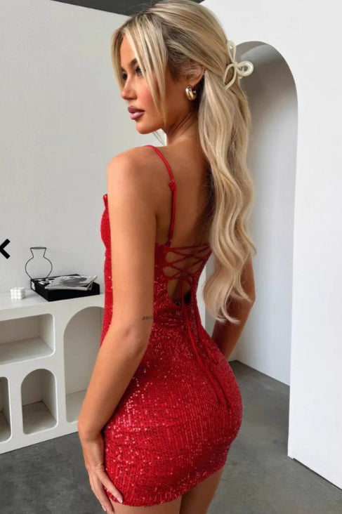 Sequin Spaghetti Strap Shiny Mini Sequin Dress