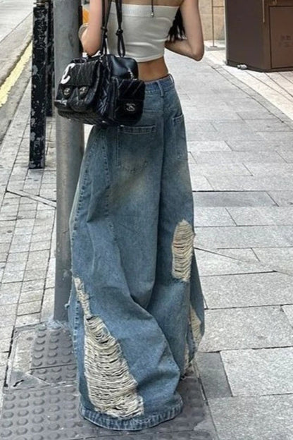 Ripped Wide-Leg Floor Jeans