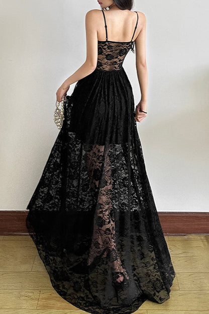 Sleeveless Ruffled Waist Maxi Lace Dress