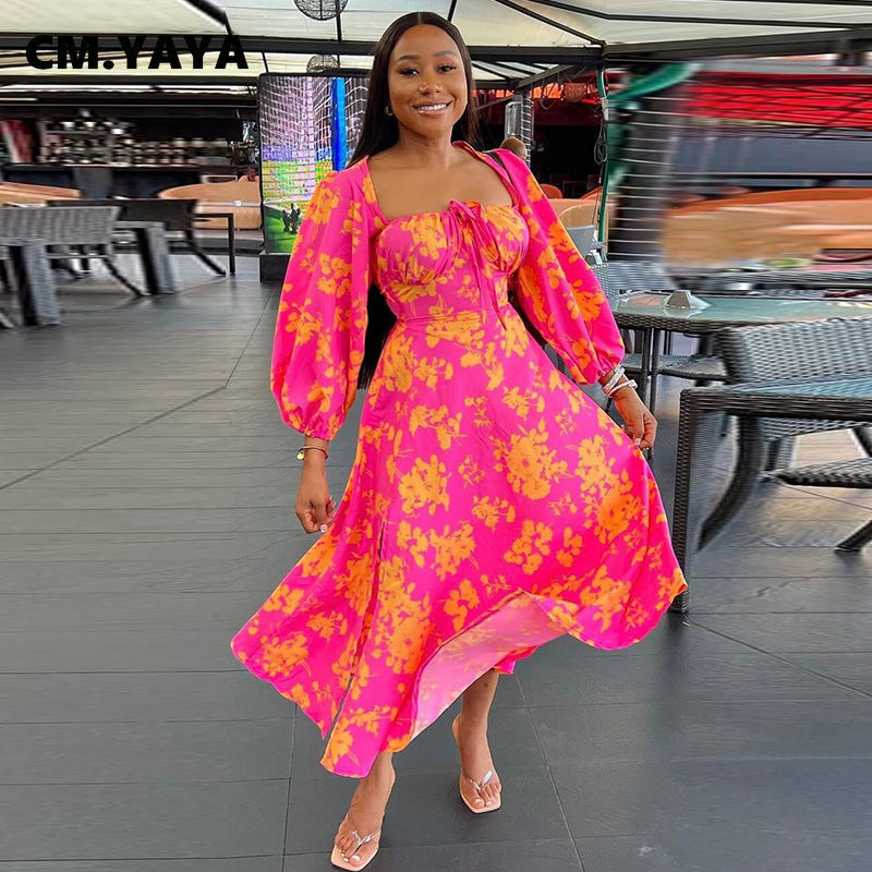 Floral Full Sleeve Strapless Midi Dress