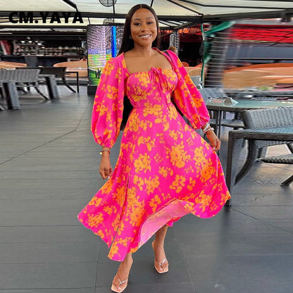 Floral Full Sleeve Strapless Midi Dress