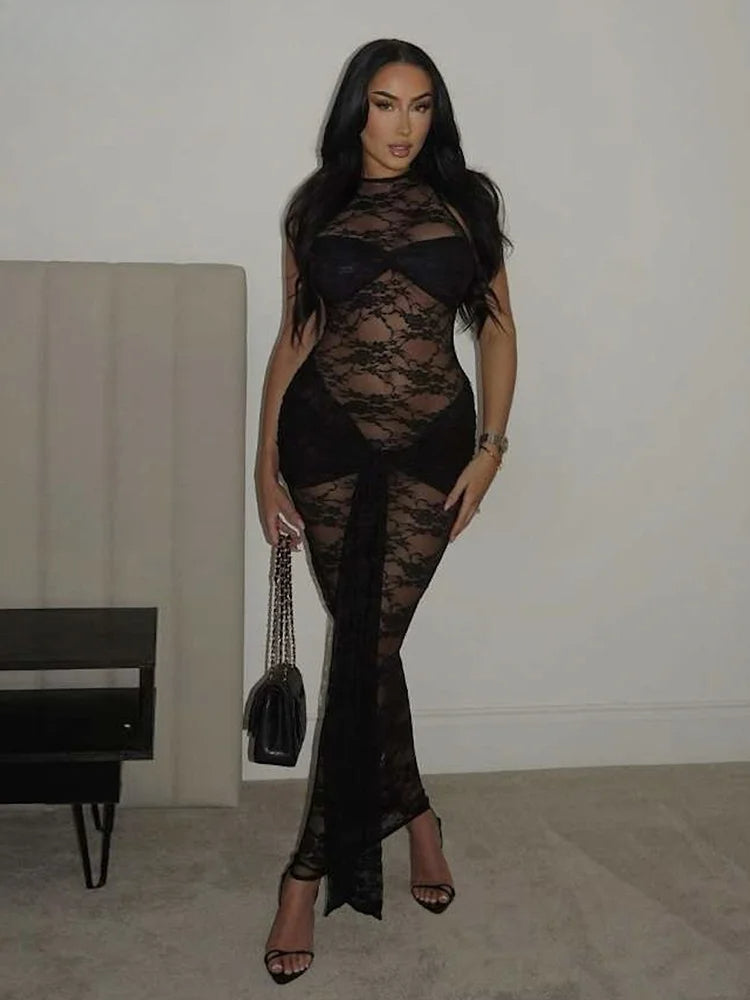 Knot Ribbon Mesh Midi Dress