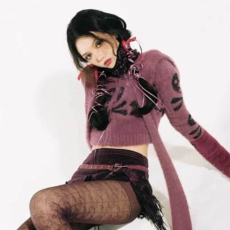 Gothic Skull Embroidery Punk Style Grunge Aesthetics Cropped Vintage Hooded Knitted Cardigan