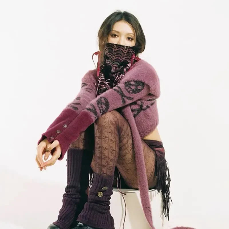 Gothic Skull Embroidery Punk Style Grunge Aesthetics Cropped Vintage Hooded Knitted Cardigan