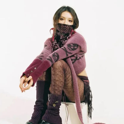 Gothic Skull Embroidery Punk Style Grunge Aesthetics Cropped Vintage Hooded Knitted Cardigan