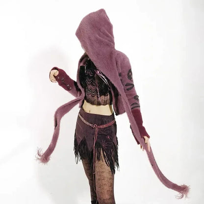 Gothic Skull Embroidery Punk Style Grunge Aesthetics Cropped Vintage Hooded Knitted Cardigan